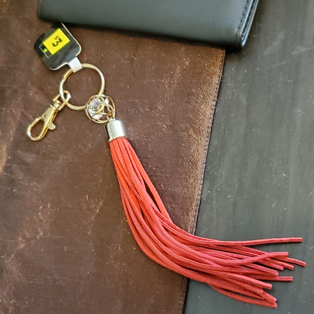 Red leather key chain/bag charm tassle with encased "diamond"